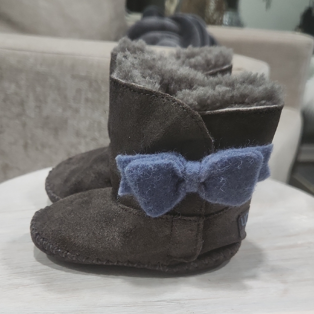 UGG Gray Baby Booties with Blue Bow